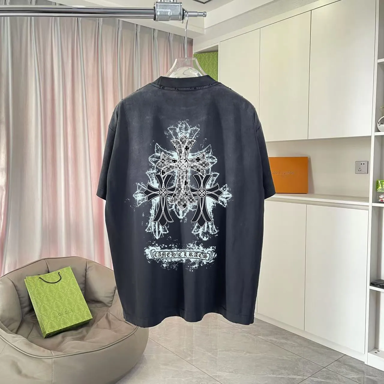 🅿️190 ch Crow* 2025 summer new style, washed, distressed, spray-painted, Sanskrit cross print, short-sleeved T-shirt, customized fabric 320g, same style for men and women, size: S M L XL XXL five sizes, color: black, gray, gradient black, gradient red